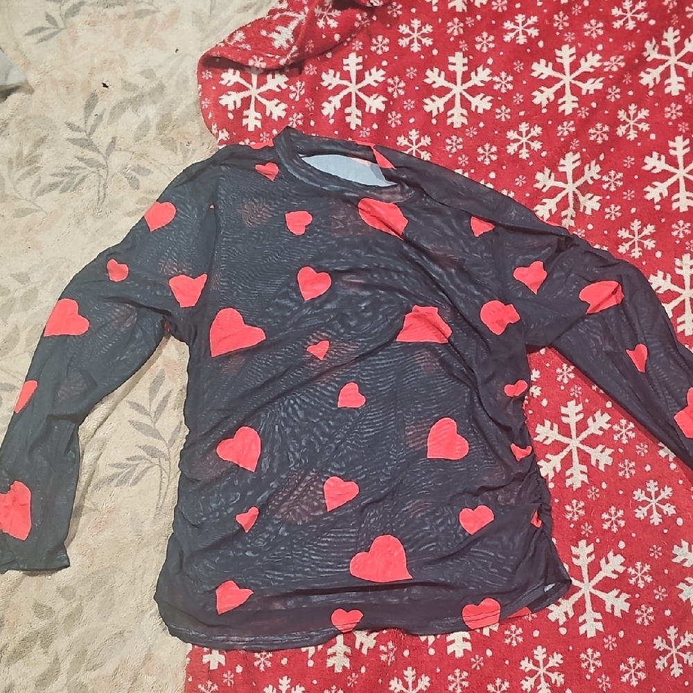Black Sheer Long Sleeve Top with Red Heart Print